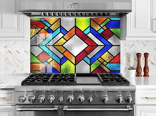 Myphotostation.com 28Wx18HTempered Glass Stained Backsplash Design Cooker Wall Backsplash Panel Glass Splashback for Kitchen Panel Design Stained Glass Splashback