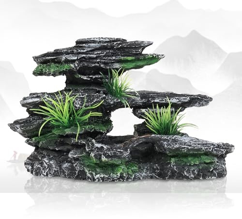 Aquazoo Aquarium Decor Mountain View Stone Ornament, Premium Landscape Fish Tank Decorations, Fish Tank Accessories, Ideal for Betta, Snails, Turtle, Hiding, Playing, Basking and Resting Spots