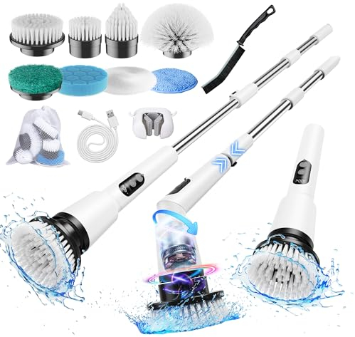 Electric Spin Scrubber, 8 Replaceable Brush Heads, 2 Adjustable Angles, IPX7 100% Waterproof, Cordless Cleaning Brush for Bathroom, Tile, Car, Floors, Shower, and Kitchen (White)
