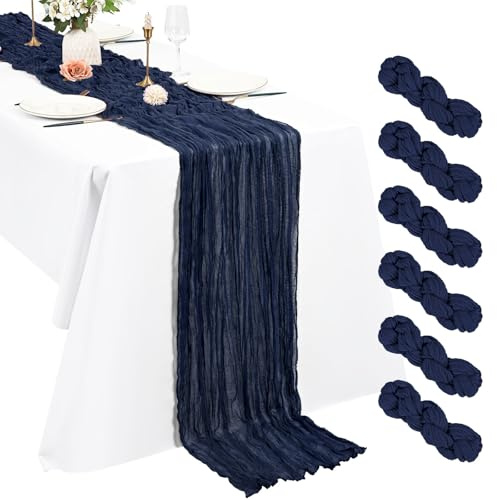 Pesonlook 6er Set Gaze-Tischläufer für Hochzeiten, 55 x 300 cm, Marineblau | Weiche Polyester-Gaze in Käsetuch-Optik mit lockerem Faltenwurf für Boho-Tischdeko, Geburtstage, Partys und Hochzeitsbögen