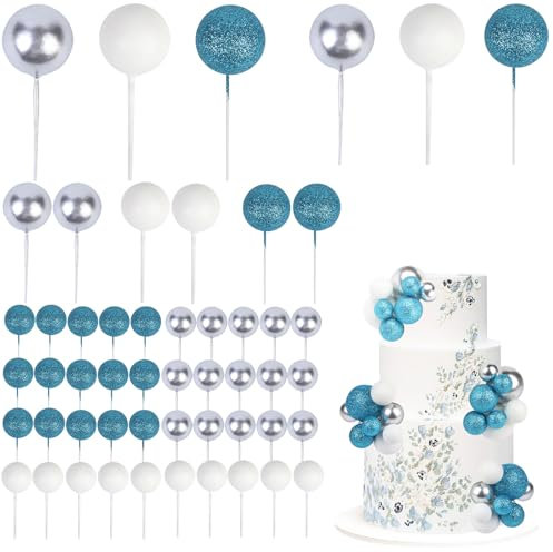 CORNER LACE 52 Pcs Ball Cake Decorations - Teal Blue White Silver Ball Dessert Picks Cake Cupcake Toppers, Birthday Party Baby Shower Gender Reveal Cake Supplies