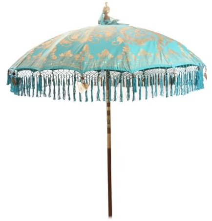Oriental Galerie Sonnenschirm Bali Schirm 180 cm Türkis Gold Bemalung Fransen, Gartenschirm Baumwolle Sonnenschutz Handarbeit Dekoschirm Model Gloria