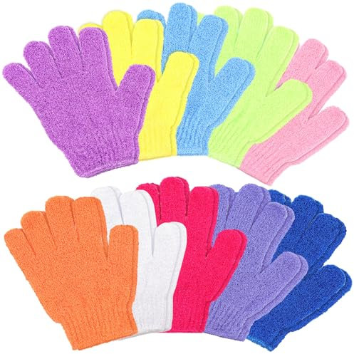 Exfoliating Gloves | Bamboo Shower Gloves | 20pcs Bath and Body Exfoliator Mitts | Scrubs Away Ingrown Hair and Dead Skin for Shower, Spa, Massage and Dead Skin Cell Remover Loofah - 10 Colours