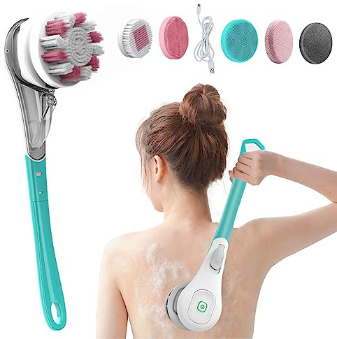 Elektrische Duschbürste,Körperbürste Rückenbürste mit Langer Griff,Rückenbürste Dusche Massagebürste mit 6 Reinigungsköpfen,Elektrisch Duschbürste Badebürste für Spa Dusche Peeling Massagebürste(Blau)