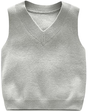 Yishengwan Pulls sans Manches Enfants Col V Débardeur Tricoté Couleur Unie pour Garçons et Filles Gris 4-5 Ans