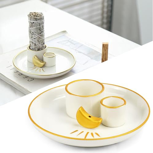 XRPRPX Porta Incienso para Palo Santo, Quemador de Incienso de Cerámica Quemador de Palo Santo con Soporte de Luna y 2 Huecos Quemador de Incienso Redondo para Quemar Velas Conos Salvia