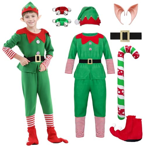 HarnyLoom Weihnachtself Kostüm Damen Kinder Erwachsen, Weihnachten Kostüm Männer Elfenkostüm Wichtel Elfen Outfits Elfenohren Elfenhut Glocke Weihnachten Party Cosplay (Kind-Junge, 120)