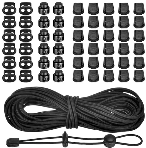 XHTXHT 10m Elastische Gummischnur 3mm,Elastisches Band Schnur Elastische Gummiseil mit 24 kordelstopper 2 Loch Schwarz 30 Kordelklemme Gummikordel für Kordelzug Rucksack Bekleid Zeltbefestigung