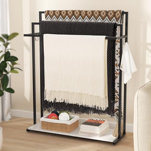 KES Porte Serviettes sur Pied Noir, Porte Serviette Salle de Bain Porte Serviette avec Crochet Marbre Base 3 Barres Seche Serviette, BTH504-BK