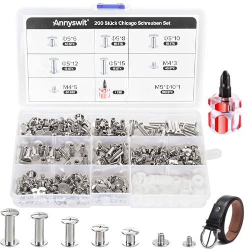 Annyswit 200 Pcs Chicago Screws with Screwdriver, 6/8/10/12/15mm Carbon Steel Book Screws, Chicago Screw for Leather Rivets, Metal Binding Rivets M4 for Leather Crafting and DIY Bookbinding Round