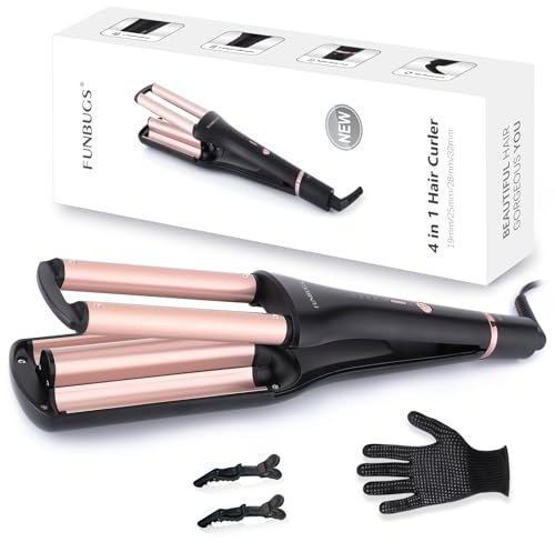 FUNBUGS 4 in 1 Hair Waver - Adjustable Barrel for 4 Different Waves (Healthy Ceramic Curling Iron for Short & Medium Hair, 160°C-210°C, 30s Heat-up, Dual Voltage, Glove, Clips) Gold