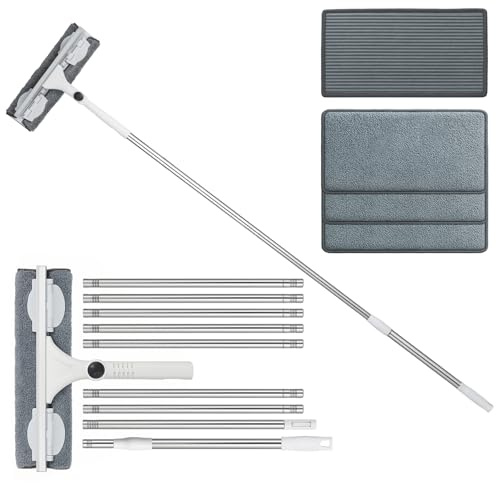 Long Window Squeegee Cleaning Equipment with 3.9m Handle Pole, Extentable Glass Cleaner Tools Kit with Silicone Rubber Squeegee & Microfiber Scrubber 2-in-1 Washing for Shower Mirror Skylights