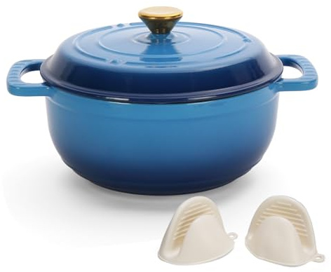 LEADZM Gusseisen Topf 26 cm 4,7 L，Schmortopf Bräter mit Deckel (Blau) | Emaille Topf, Brotbacktopf für Braten Küche Backen Schmoren, FDA-Zertifiziert