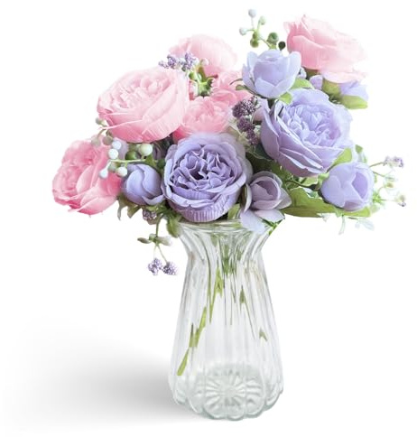Aufisi Pfingstrosen Künstlich, 30cm 3 Bündel Pfingstrose Blumenstrauß Künstliche Blumen Seidenpfingstrosen Kunstblumenstrauß für Hochzeit Party Dekoration, Rosa-Lila