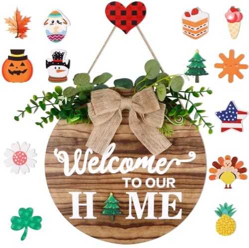 OT-NVWOZR Welcome Sign for Front Door, Wooden Door Wreath with 14 Changeable Icons, Round Hanging Welcome Wreaths Farmhouse Porch Sign for Home House Wall Decorations Housewarming Gift