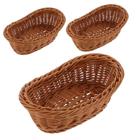 BIUDECO 3 Piezas Cestas Tejidas de Ratán Sintético con Diseño Único Tipo Lingote para Servir Pan y Organizar Alimentos Mesa Manejables con Asa Ergonómica para Uso Hogar Reutilizable