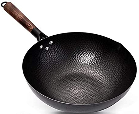 QHQQXN Hammered Wok with Wooden Handle Hand Hammered Wok Pan Iron Pot Suitable for Induction-Pot Diameter 32 cm