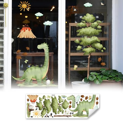 Zueyen Fensterbilder Dinosaurier, 2 Blatt Dino Sticker Fensterdeko Kinderzimmer Jungen, Doppelseitige Fensteraufkleber Kinder & Vulkan, PVC Fenstersticker Fensterdekoration