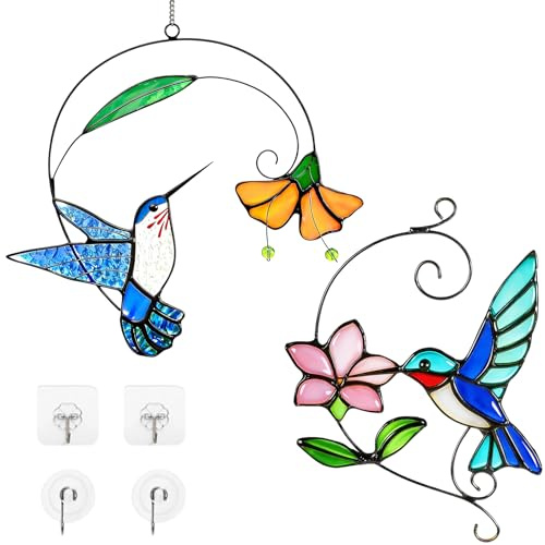2Pcs Sonnenfänger Fenster - Kolibri Acryl Fensterdekoration Acryl Suncatcher mit Kette und Haken Gebeizter Vogel-Sonnenfänger, Handbemalte Fensterdeko Hängend Deko für Garten Balkon Wohnzimmer Garten