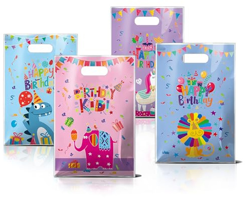 FOSDICK 50 Stück Geschenktüten Kindergeburtstag, Geburtstagstüten Mitgebsel Partytüten Cookie Plastiktüten für Geburtstagsfeier Geschenke Süßigkeiten Mädchen Jungen Hochzeiten Weihnachten,16.5x25cm