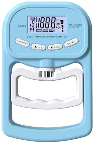Grip Strength Tester, Hand Grip Dynamometer, 396Lbs/180Kg, LCD-skärm, Datalagring, Justerbart grepp, Kan memorera 19 användardata, Används för träningsdataförloppsobservation blue