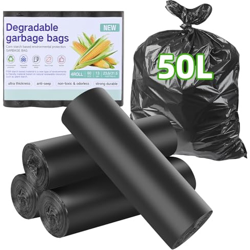 Soppåsar biomsoppåsar 50 l 60 stycken ekologiska soppåsar kök biomsoppåsar slitstark och vattentät avfallspåsar biologiskt nedbrytbara påsar för kök, kontor, vardagsrum (W60 x H 80 cm, svart)