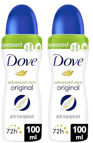 DOVE Déodorant Anti-transpirant Spray Compressé Original 0% alcool 2x100ml | Apaise & Aide à réparer après le rasage, Protection 72h, Soin Pro-Céramide et Acide Hyaluronique, Peta Cruelty-Free & Vegan