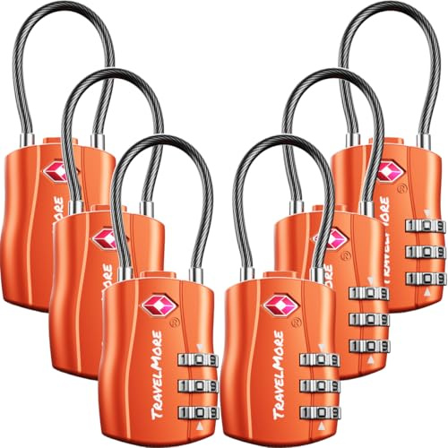 TSA-Kofferschlösser | Gepäckschlöss mit flexiblem Kabel | TSA-Schlöss für Flugreisen | Schlösser für Koffer, Rucksäcke, Gepäck | 6er-Pack, Orange