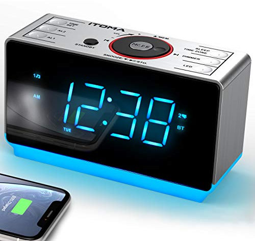iTOMA Alarm Clock Radio with Bluetooth Speaker, FM Radio, Dual Alarm with Snooze, Large LED Display, Dimmer Control, USB Charging Output and Night Light CKS708