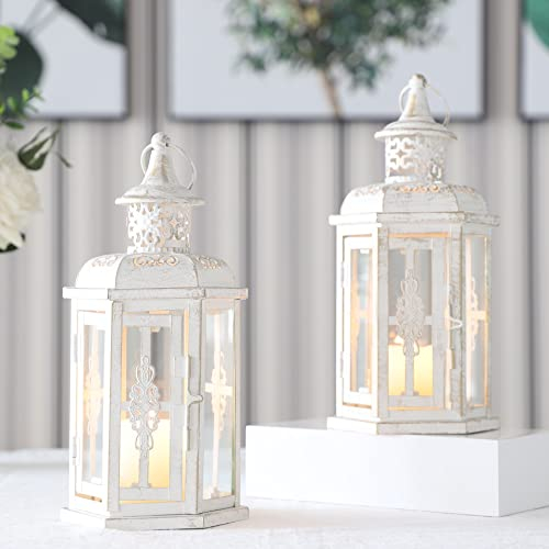 JHY DESIGN Deko Hängende Kerze Laternen, 25cm Hohe 2er-Set Laterne Metall Kerzenhalter Vintage Kerzelaternen für Aufhängen Oudoor Indoor Hochzeit Garten Wohnzimmer Wand (Weiß mit Goldpinsel)