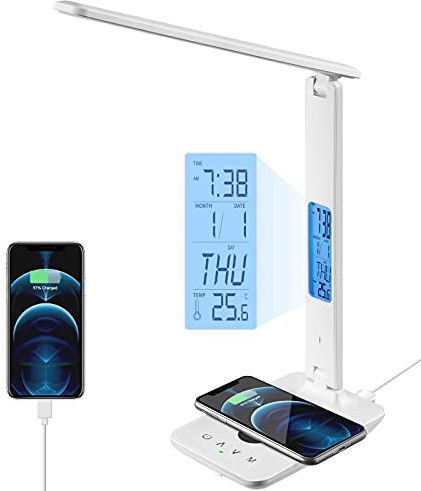 poukaran LED Desk Lamp with Wireless Charger, USB Charging Port, Office Table Lamp with Clock, Alarm, Date, Temperature for Home Office, White