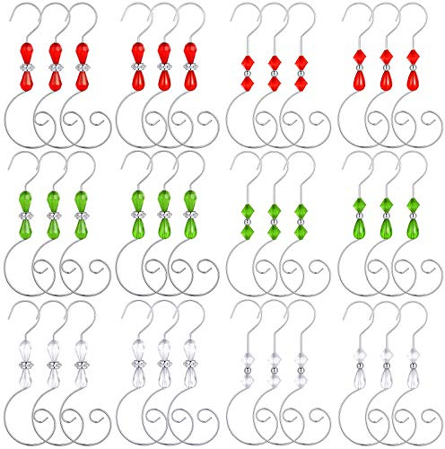 Ripeng 72 Pieces Hook Ornament Acrylic Wire Hook Decoration for Tree Hanger, Home Decor, 4 Styles (Silver,Red,Green,Transparent Bead)