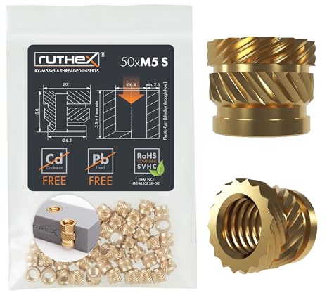 ruthex Inserto roscado M5 SHORT - 50 casquillos roscados de latón RX-M5Sx5.8 – tuerca de inserción para piezas plásticas – tuerca moleteada para embutir en piezas de impresora 3D por calor