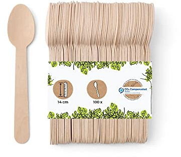 BIOZOYG 100 x cuillère à soupe en bois biodégradable et compostable, 14 cm