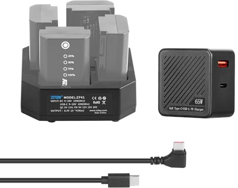 ZITAY NP-FZ100 Chargeur de Batterie Écran LCD 4 Canaux QC PD Charge Rapide (avec Adaptateur 65 W) Type-C et DC pour Sony Alpha A7 III A7R III A7R IV A9 II A9R A9S A7R3 A7S3 FX3 A7C A6600