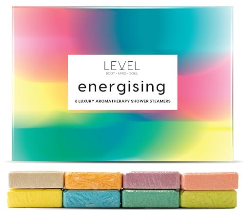 Level Body Mind Soul - Aromatherapy Shower Steamers - Energising, 8 Pack - Birthday Gifts for Women - Shower Bombs with Multiple Fragrances - Self Care Relaxation, Body Restore, Sinus Relief Vapour