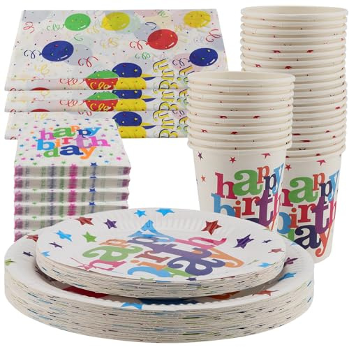 MOUYAT Set di stoviglie per feste di compleanno arcobaleno, 60 piatti di carta per feste di compleanno, 30 tazze, 60 tovaglioli, 3 tovaglie, decorazioni per feste di compleanno arcobaleno per 30