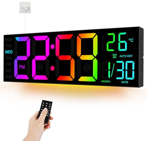 16'' Digital Wall Clock large display with Remote Control LED Dual Alarm Clocks with 8 RGB Colors - Lights Adjustable Brightness - Date-Auto DST - Temperature Memory Function - for Home, Gym, Office
