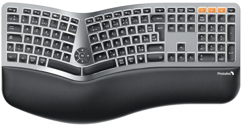 ProtoArc EK01 Plus Clavier Ergonomique sans Fil Rétro Éclairé - Bluetooth Ergo Clavier avec Repose-Poignets, Design Divisé, Rechargeable, Silencieux, Français AZERTY, Compatible avec PC & Mac & Phone