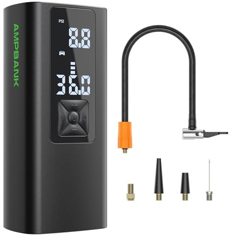 Inflador de neumáticos portátil AMPBANK, compresor de aire AT003 150 PSI con batería de 6000 mAh, manómetro y pantalla LED, bomba de aire automática para automóvil, motocicleta, bicicleta, pelota