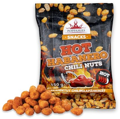 Poppamies Hot Habanero Chili-Nüsse – Scharfe Erdnüsse sind eine tolle Wahl zum Knabbern – Glutenfrei, Laktosefrei, Vegan – Scharfe Schärfe – 150g