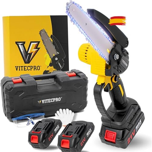 VitecPro® Motosega A Batteria – Mini Motosega, Sega Elettrica Per Potatura, Seghetto Elettrico Per Potatura, Elettrosega 4000mAh Con 2 Batterie, Potenza 800W, Taglio 8cm
