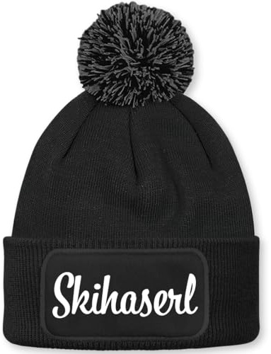 Prozente Momente Skihaserl - Beanie mit Bommel | Strickmütze | Wollmütze | Beanie mit Druck | lustige Sprüche | Apres-Ski | Winter | Schwarz