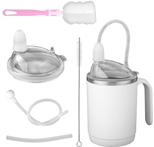 Gosknor Spill Proof Cups for Elderly, 450ml Stainless Steel Sippy Cup No Spill Cups with Straw Leak Proof Porridge Mug Suitable for Seniors Adults Maternity Drinking Water Milk and Soup (White)