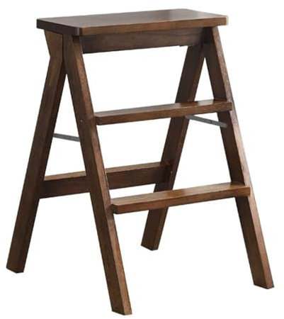 Escabeau pliable à 3 marches en bois massif multifonction pour salon, cuisine (marron)