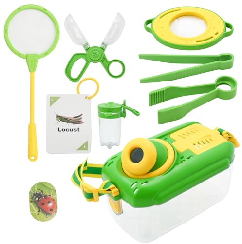 Auptiz 8 Stück Forscherset für Kinder, Lupe Insekten Sammelbox Set, Becher Insekten Beobachtungsbox, Insektenfänger, Schmetterlingsnetz, Insekt-Karten, Abenteuer Geschenk Set für 3+ Kinder