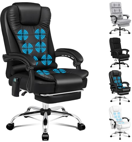 ALFORDSON Silla de Oficina Ergonómica con Masaje Térmico de 8 Puntos, Reposacabezas Acolchado, Reposabrazos Suaves, Reclinable 150°, Reposapiés Extensible, Capacidad 180 kg, Cuero sintético, Negro