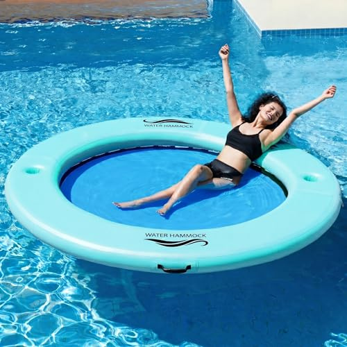 SunChill Float Ring for Adults Heavy Duty, 8ft Round Inflatable Water Hammock with Cup Holders, Inflatable Dock Floating Platform for Party, Inflatable Floating Dock for Lake, Pool, Mesh Ring Float