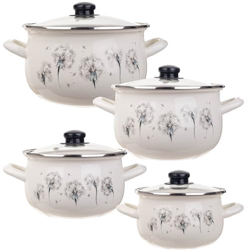 KADAX 4-teiliges Topfset aus Emaille, Emailletöpfe mit Transparenten Deckeln, Kochgeschirr 4er-Set, Kochtöpfe mit Griffen, Töpfe im Vintage oder Modern Stil (Löwenzah)