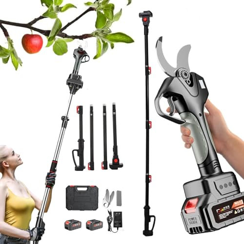 Sécateur de jardinage,sécateur à batterie avec lame de rechange et 2 batteries de 4,5Ah,perche télescopique amovible de 1,2 à 2m, diamètre de taille de 40 à 45mm,sécateur et ciseaux d'élagage